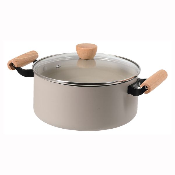 スプル ふっ素加工IH対応ガラス蓋付木柄深型両手鍋22cm