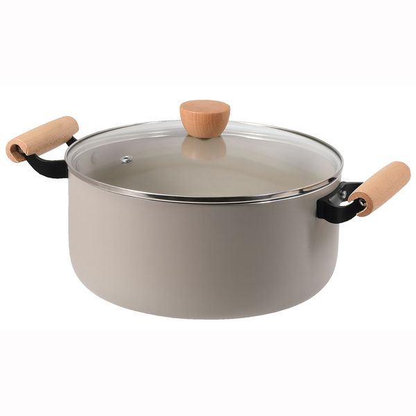 スプル ふっ素加工IH対応ガラス蓋付木柄深型両手鍋24cm